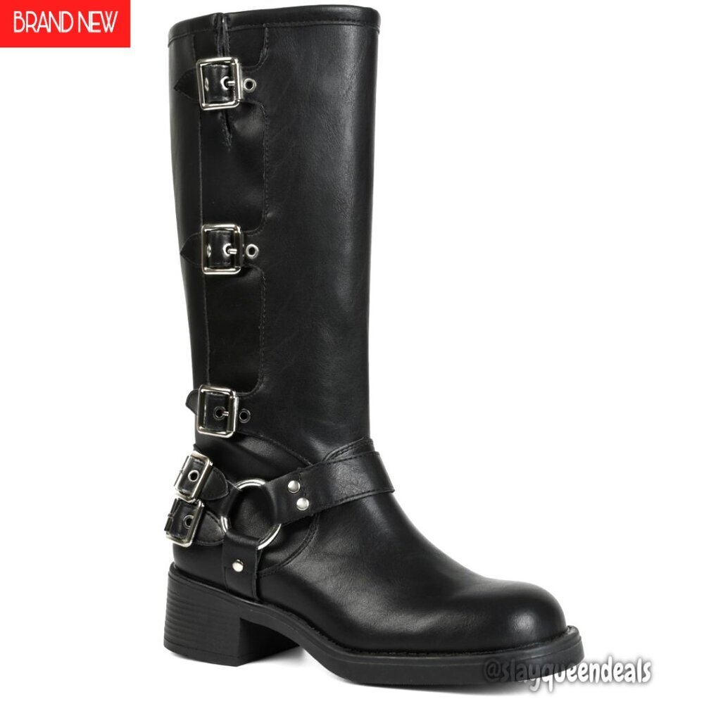 Knee High Wide Calf Riding Boots Square Toe Pull On Chunky Heel Buckles